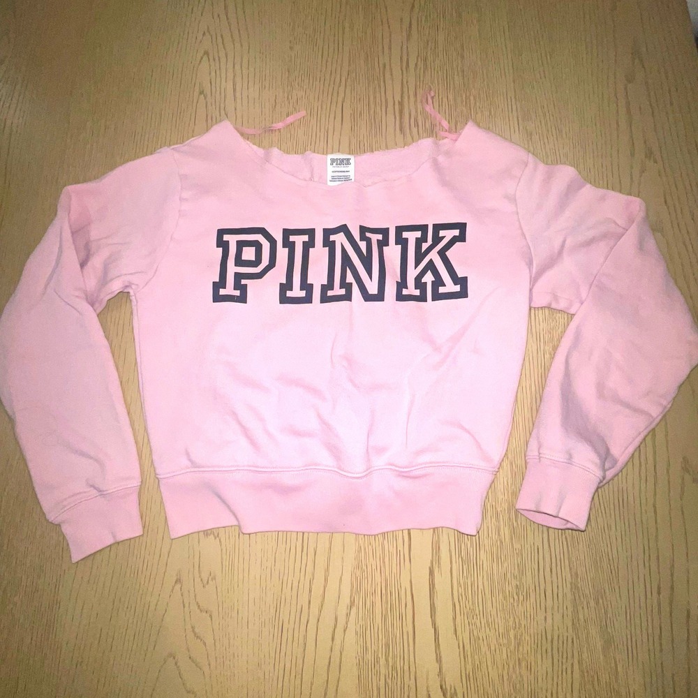 Victoria’s Secret PINK Crop Pullover Sweatshirt Sz XS Pink Raw Edge Boatneck